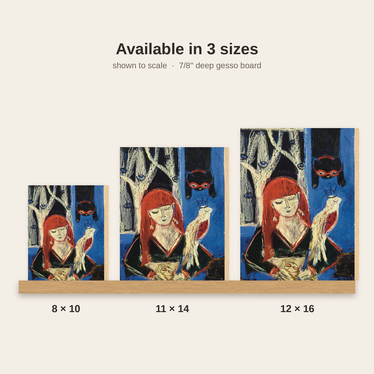 Red-haired girl with cat and bird night time art print, shown in three sizes side by side to scale