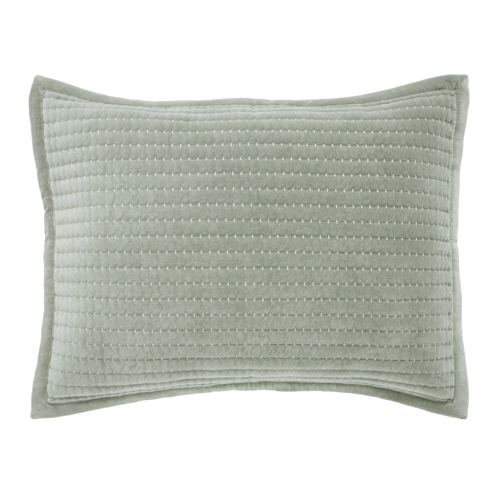 SS-185-2026_1|Tranquil light green velvet coverlet pillow sham, distinctive horizontal dotted stitching, perfect for calm bedroom aesthetics.