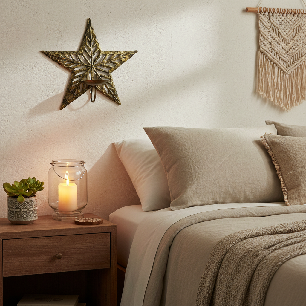 SM933 Painted Star Sconce in bedroom above nightstand with candle
