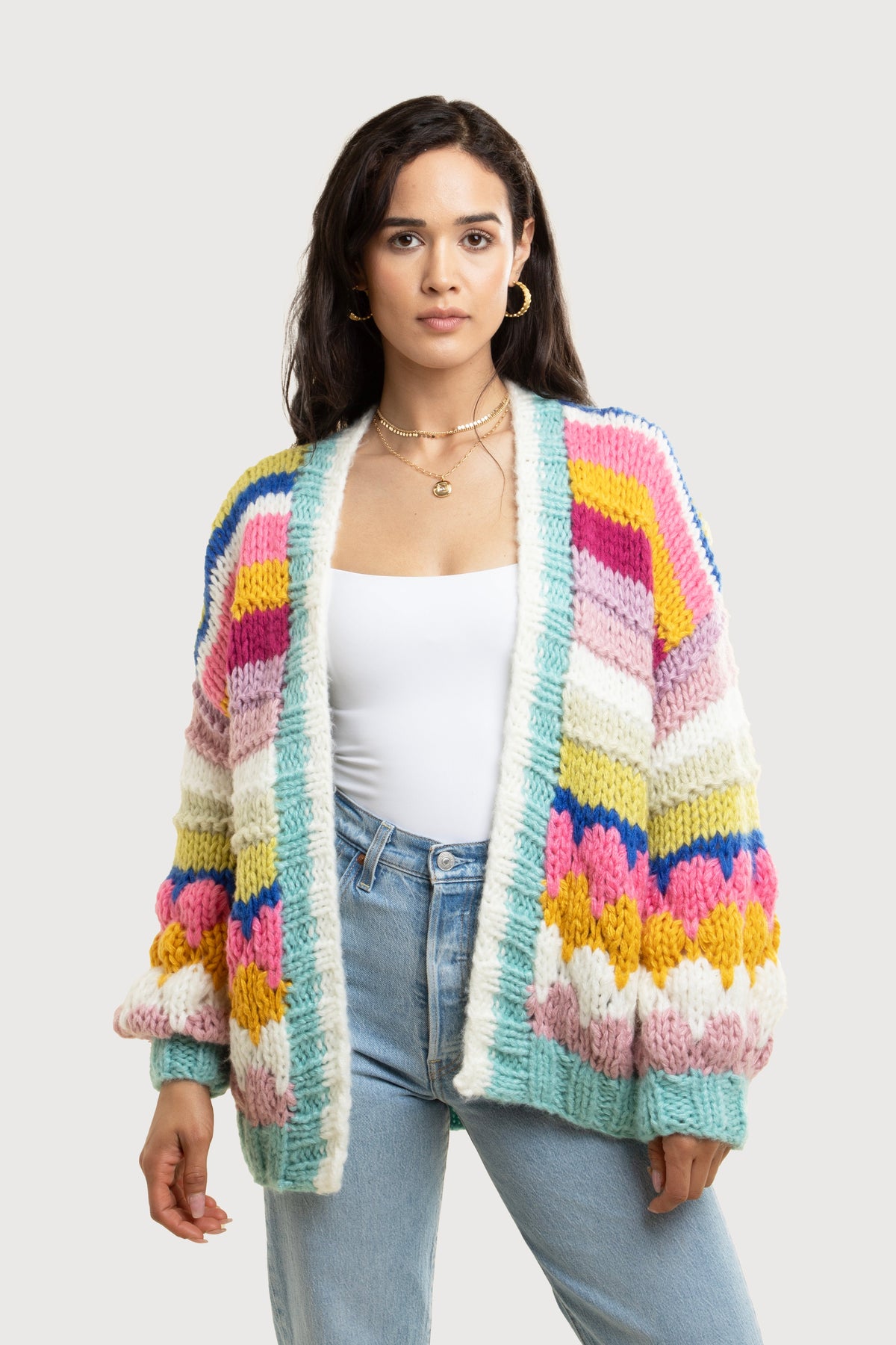 Knitted Rainbow Bubble Stitch Cardigan - Multi