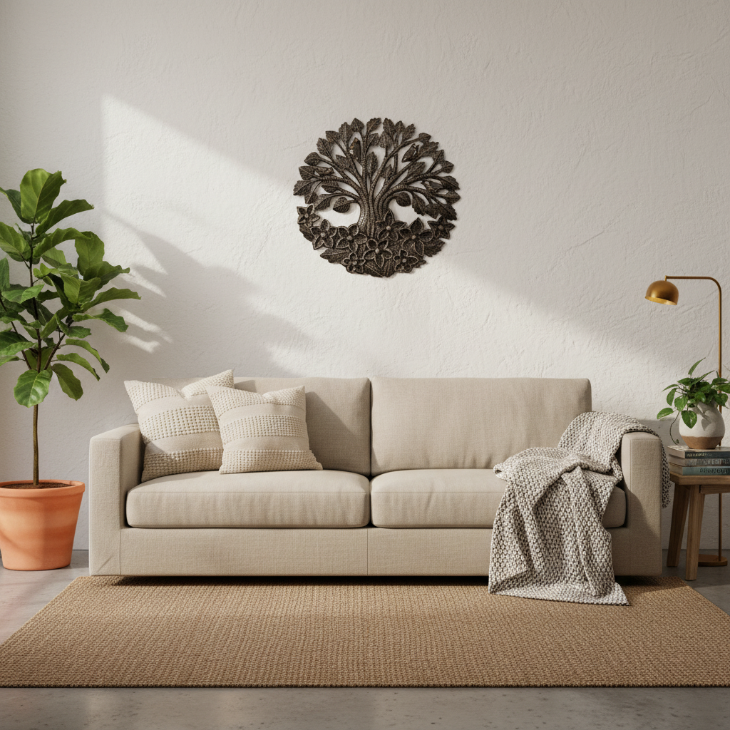 Bountiful Tree of Life Haitian metal art in modern bohemian living room interior decor