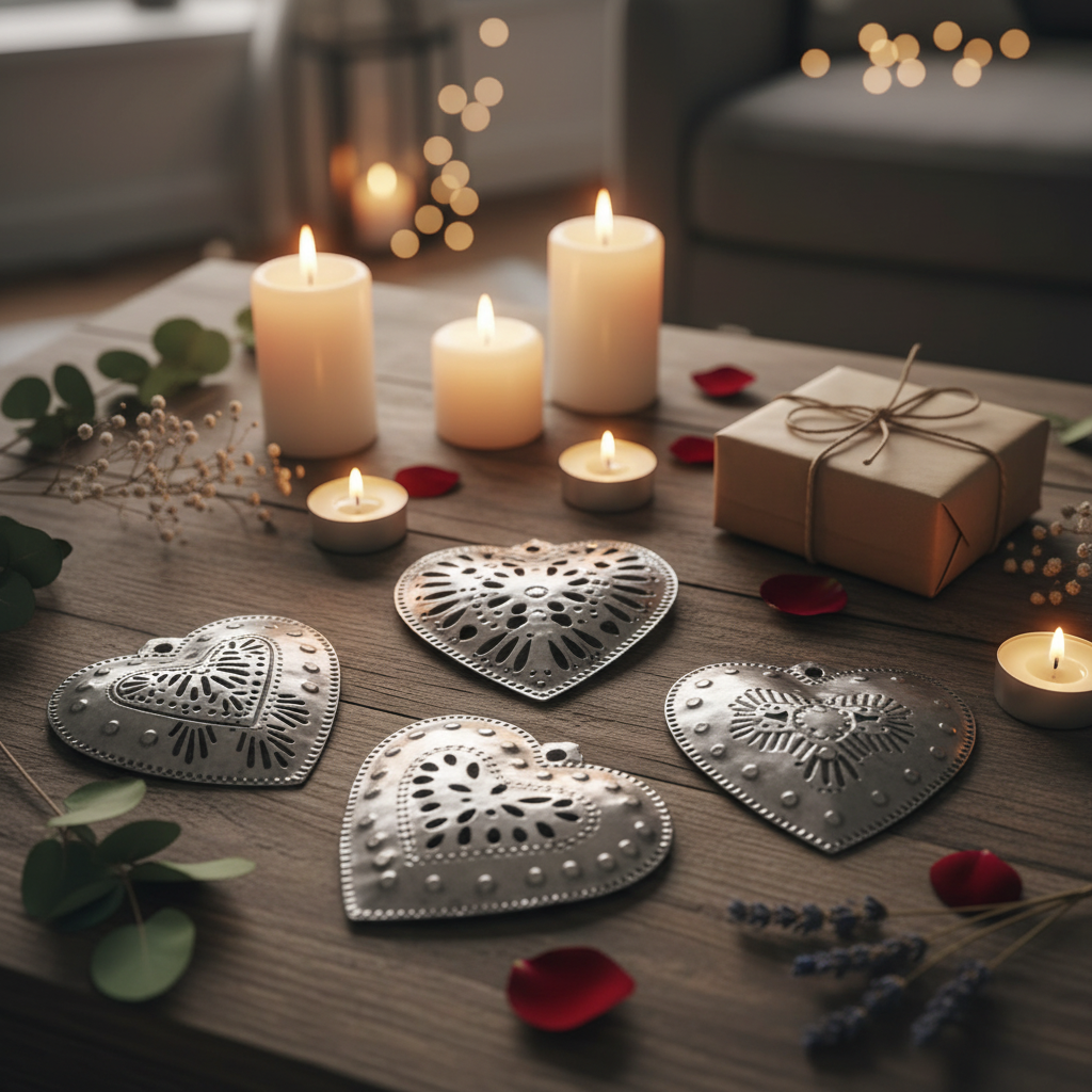 Assorted Small Hearts Set of 4 - Haitian metal art heart ornaments Valentine's Day gift table display