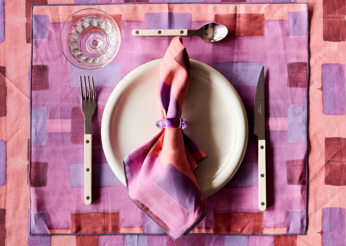 Pink Tapestry linen placemat set of 4 styled on colorful dining table - Goldie Home