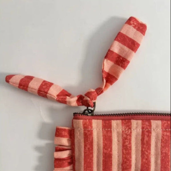 Handmade Quilted Pouch Pink Red Stripes 8x5 Inches Cotton - Casa Amarosa