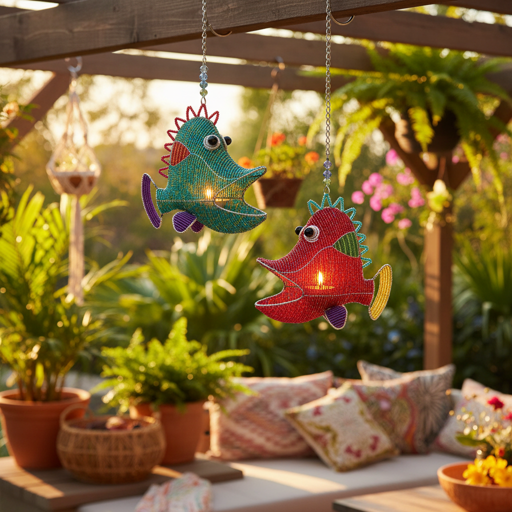 Colorful beaded fish candle holders hanging on sunny outdoor patio with glowing tealights