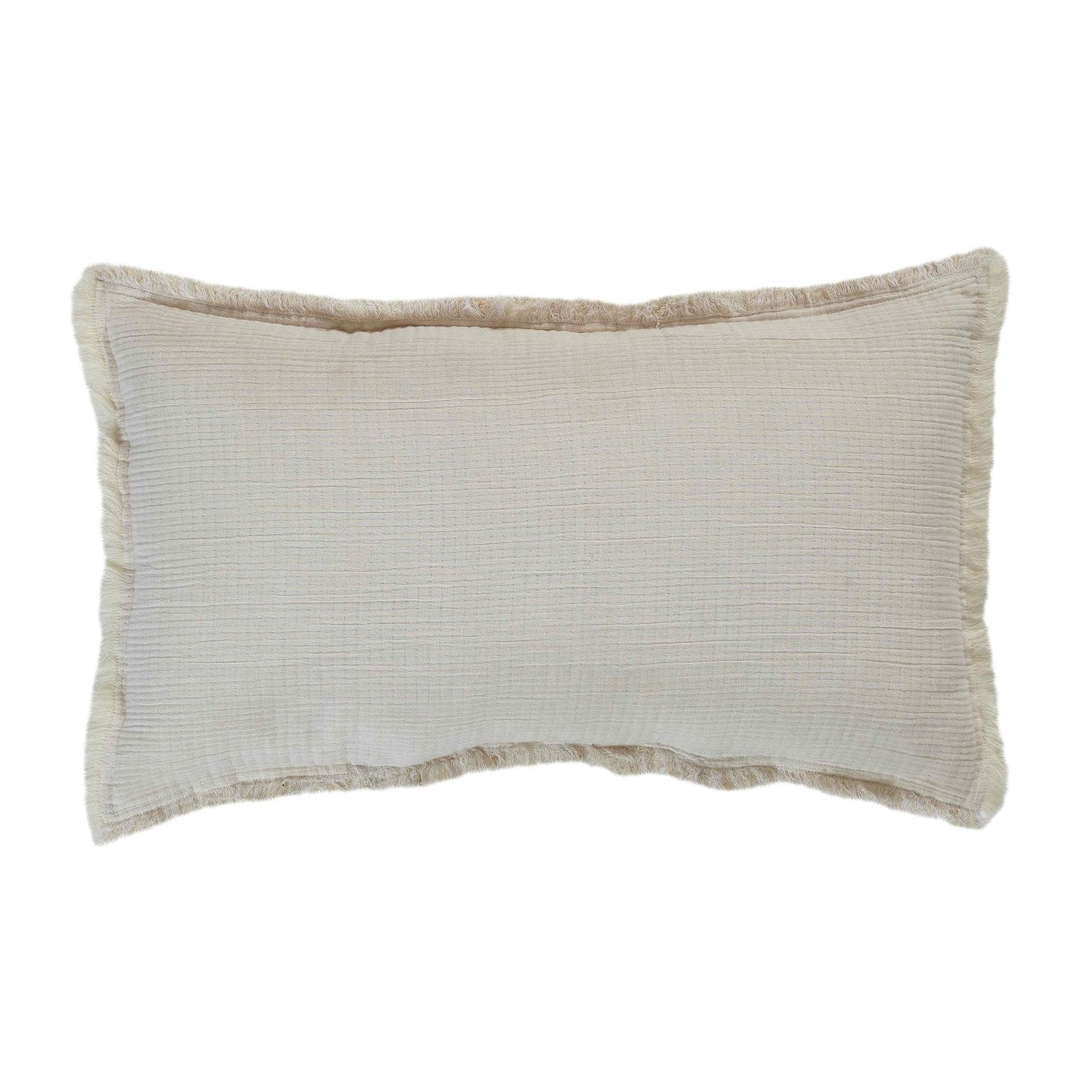 TP-103-1426_1|Cozy off-white rectangular decorative pillow with unique frayed edges, adding a rustic yet chic touch to any bed or sofa.