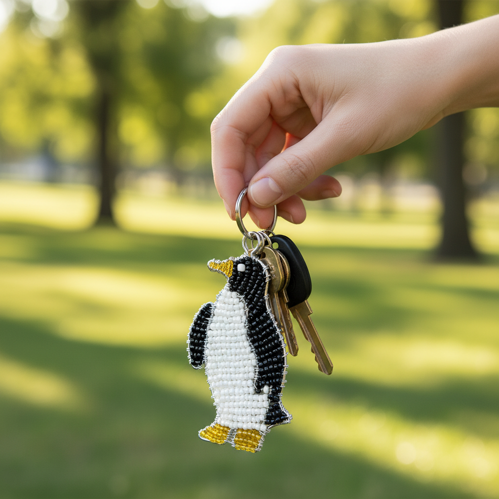Penguin keyring held in hand outdoors in park with bokeh background