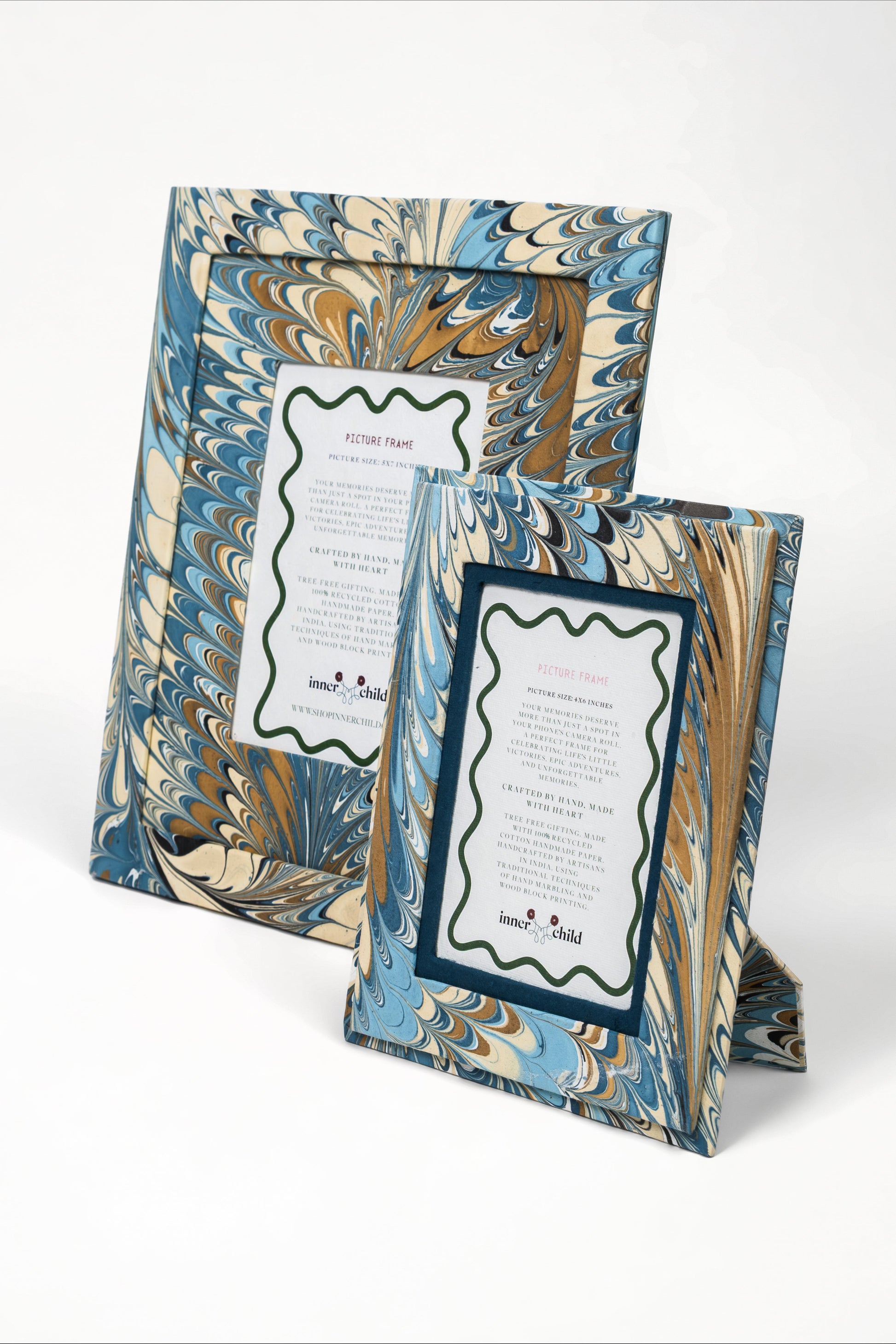 Hand-marbled large wall picture frames in blue and gold feather pattern from Inner Child