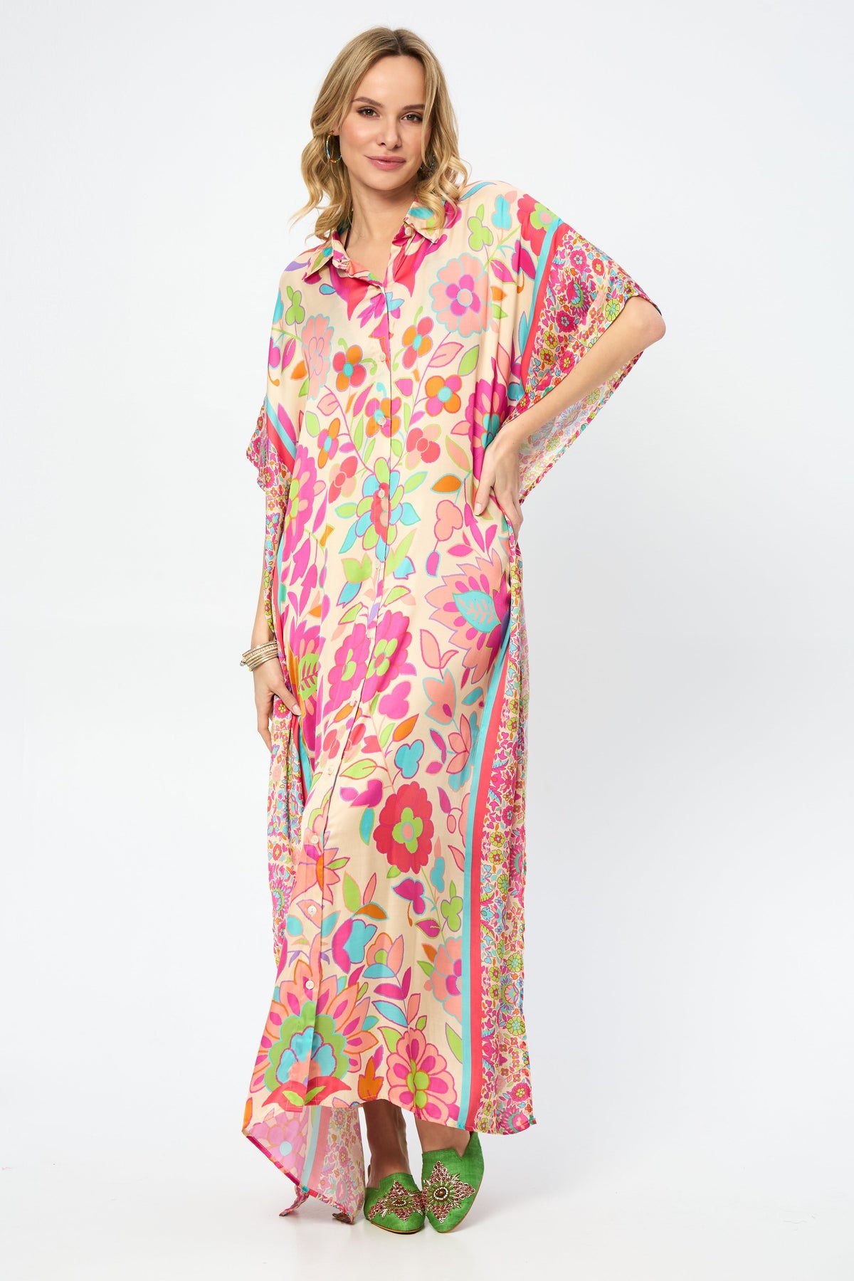 Multicolored Floral Collared Kaftan - Multi
