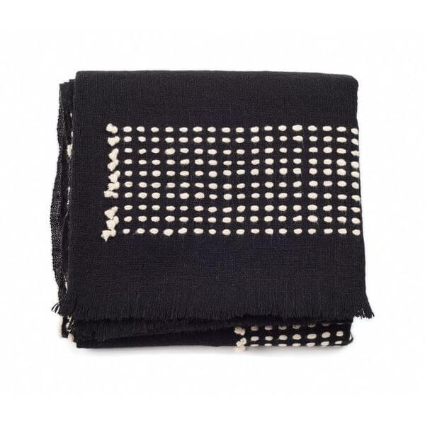 Walnut Black Yak With Hand Knotted Merino Stripes Handloom Throw folded on a white background.