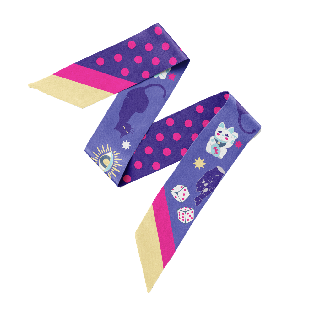 Fortune twilly silk scarf skinny ribbon on blue, with white and hot pink touches, is full of lucky charms, maneki cat, tarot card, black cat, crossing fingers, dice and more. Double sided