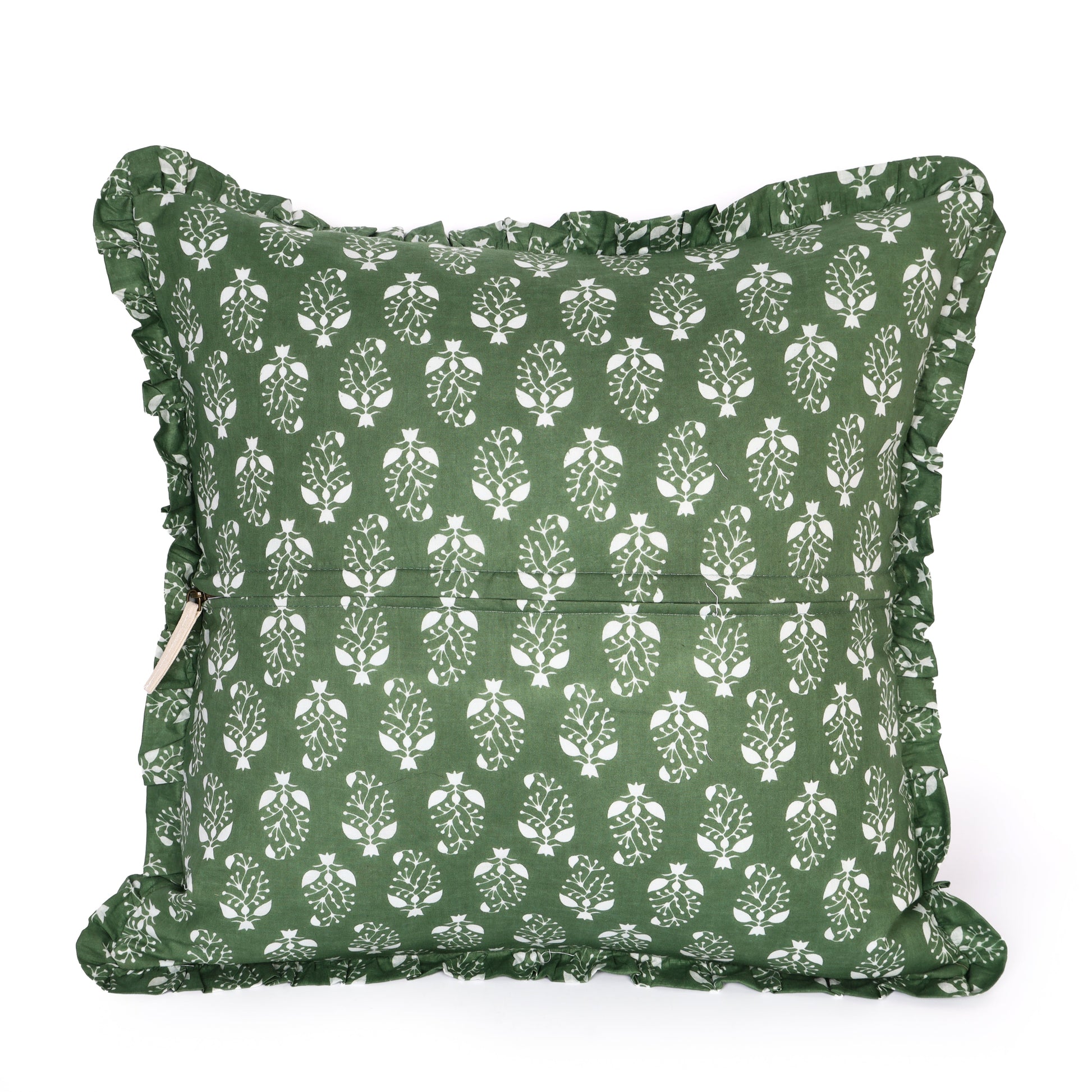 Hand-block print repeat detail on green cotton pillow cover