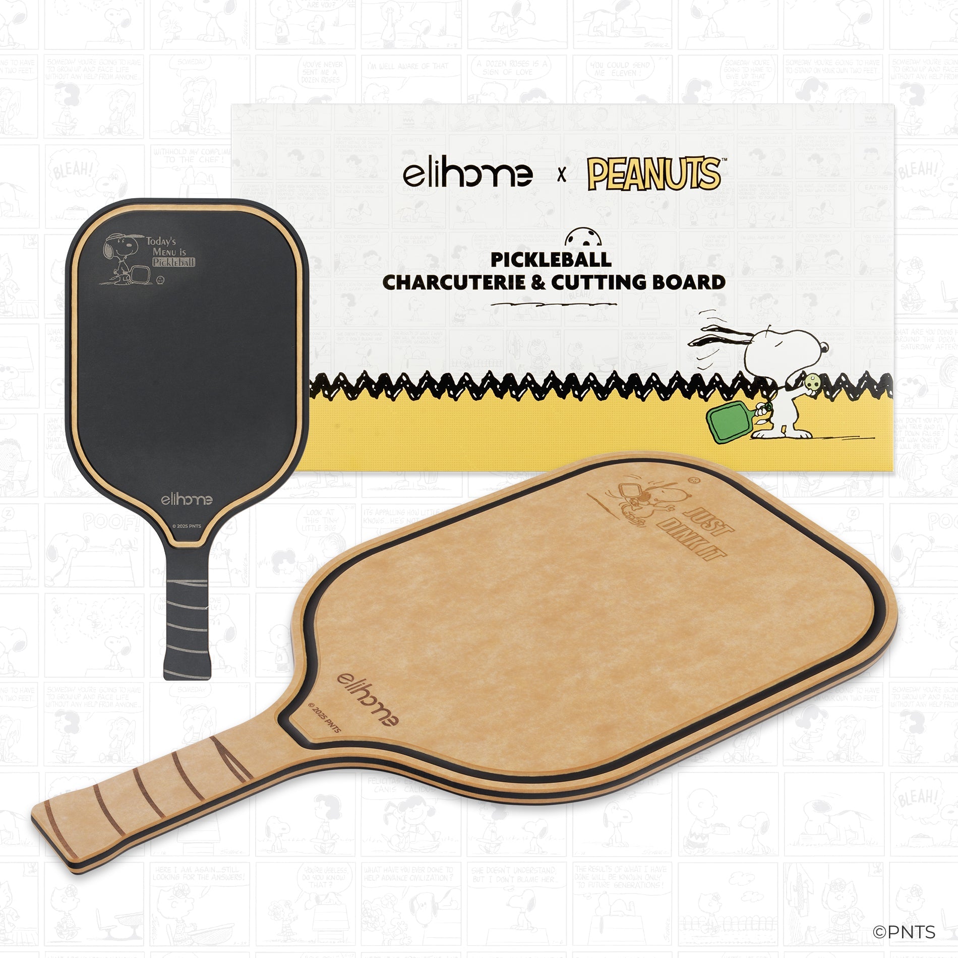 Two pickleball paddles with 'elihome' branding and Snoopy illustration on a white background.