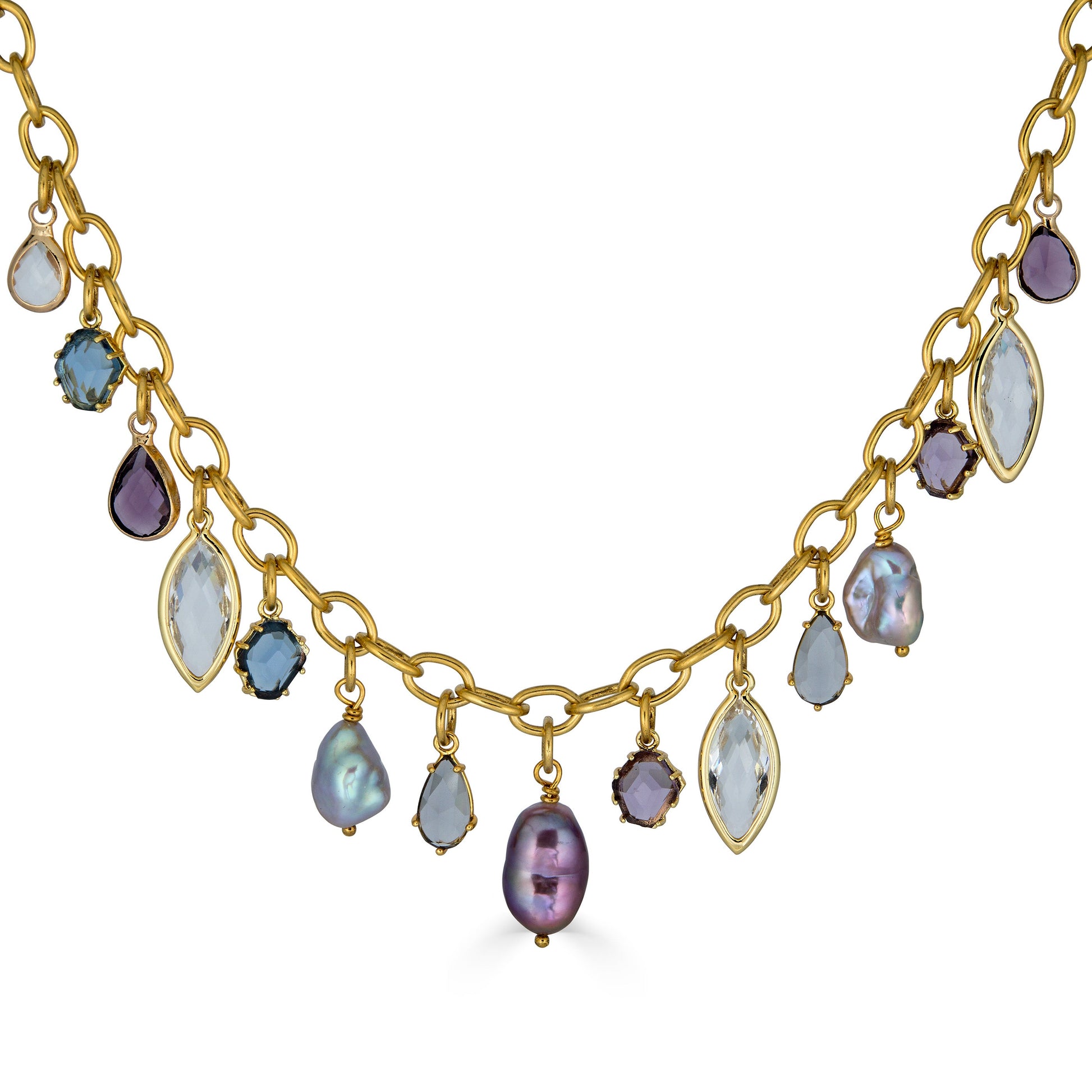 Gold charm necklace with colorful faceted gemstone charms and freshwater pearls dangling from an elongated gold chain.
