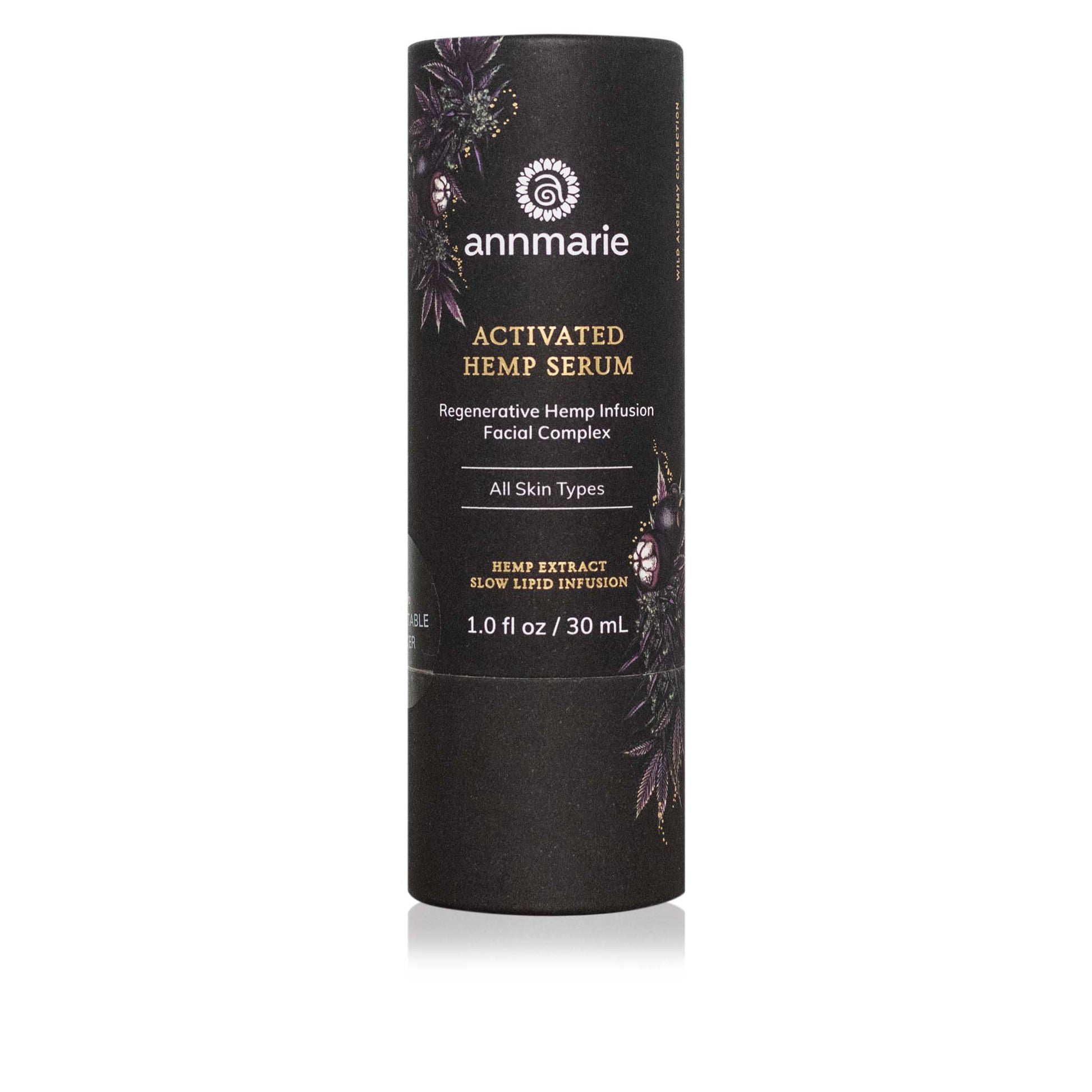 Activated Hemp Serum regenerative hemp infusion facial complex product packaging tube for all skin types on a white background.