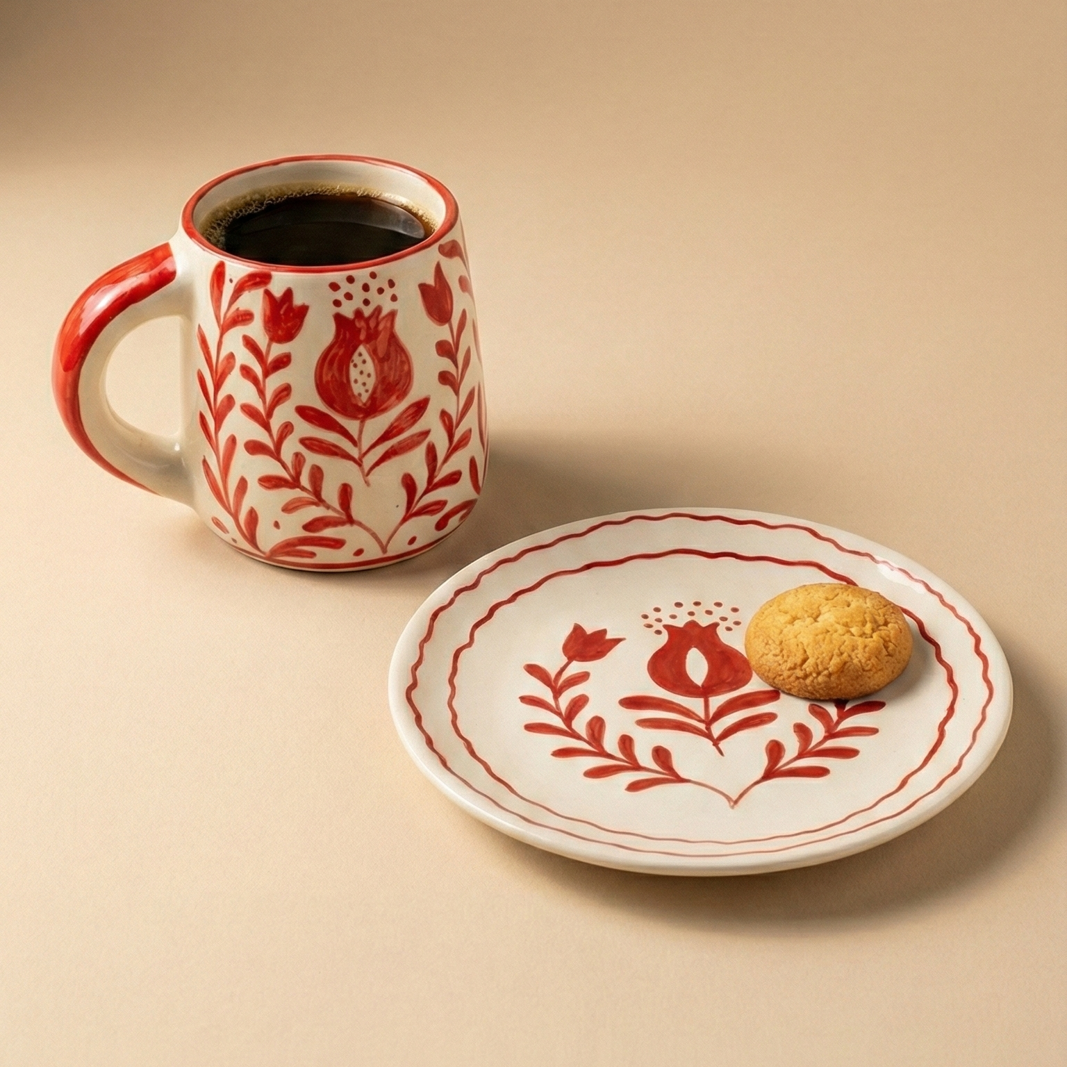 Red Anaar Ceramic Breakfast Set Bowl Mug Plate 3 Piece Handmade - Casa Amarosa