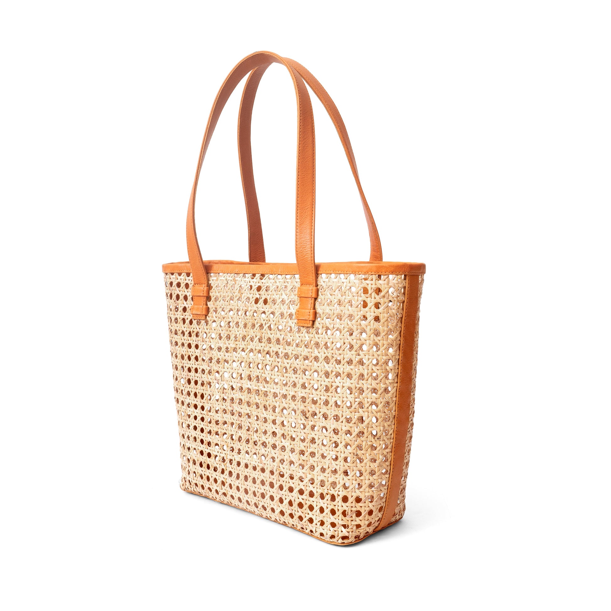 Open Weave Rattan and Leather Tote Shoulder Handbag