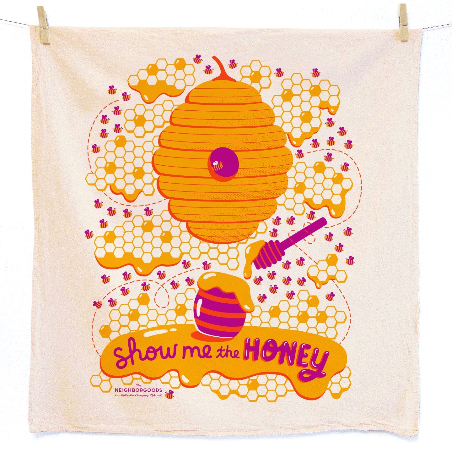 Screen-printed Show Me the Honey dish towel