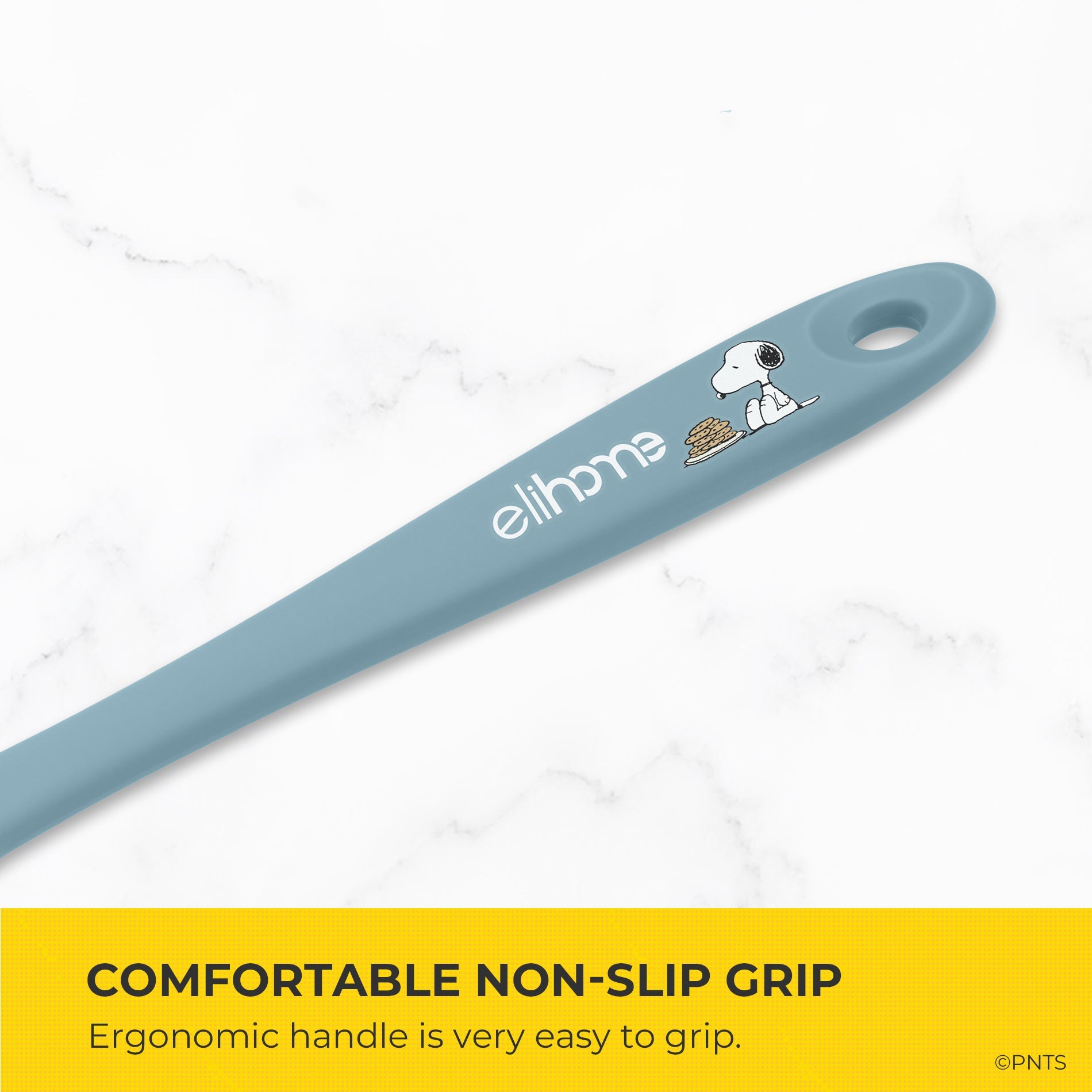 Blue hair straightener handle with 'ellione' branding on a white background