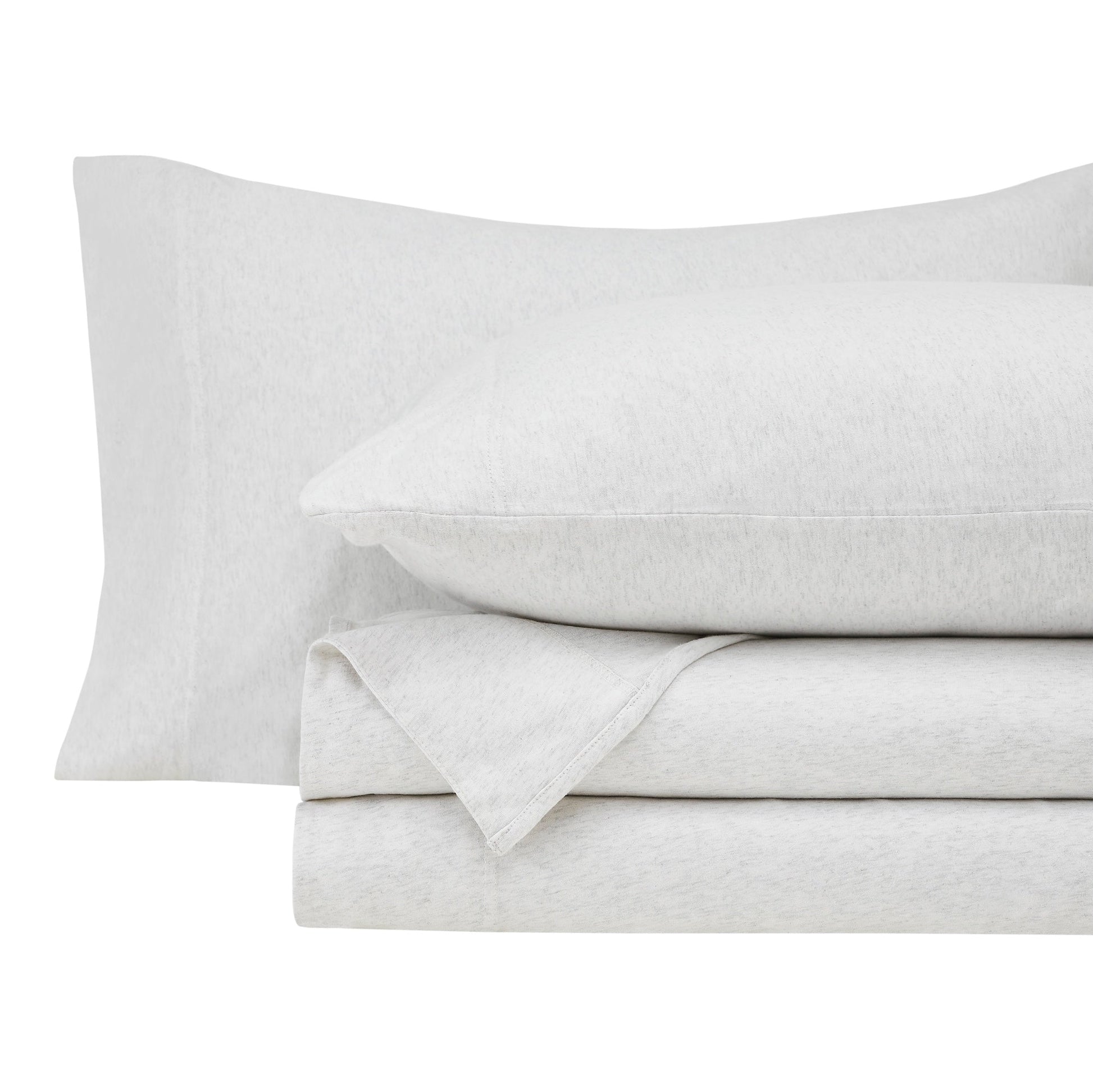 CSS-525-7284_5|Stacked soft light grey melange 100% cotton sheet set, including a pillowcase, on a clean white background.