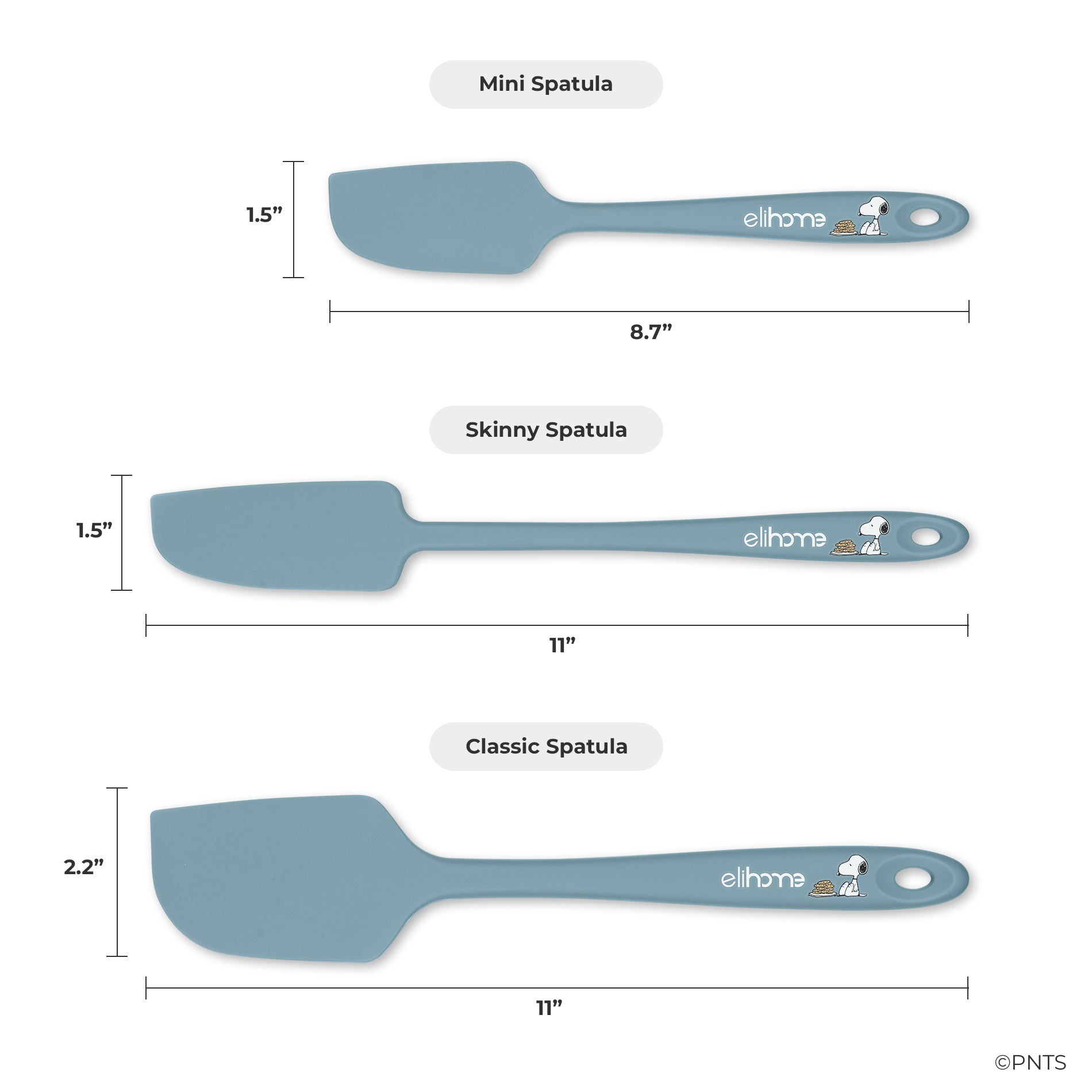 Three spatulas with measurements and 'elihome' branding on a white background