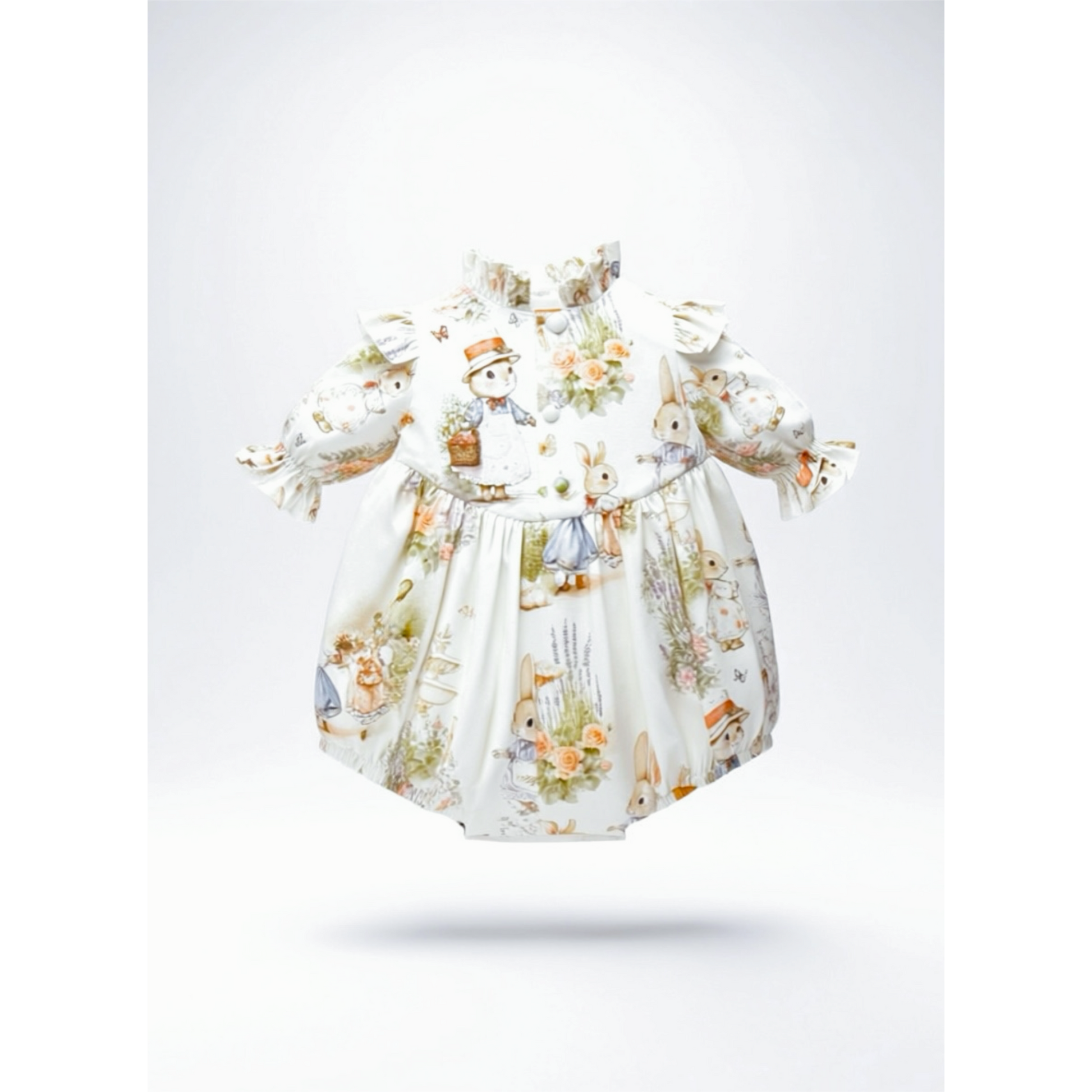 Children's three-quarter sleeve ruffle stand collar bubble with covered buttons at the back, floral and rabbit character print on a white background