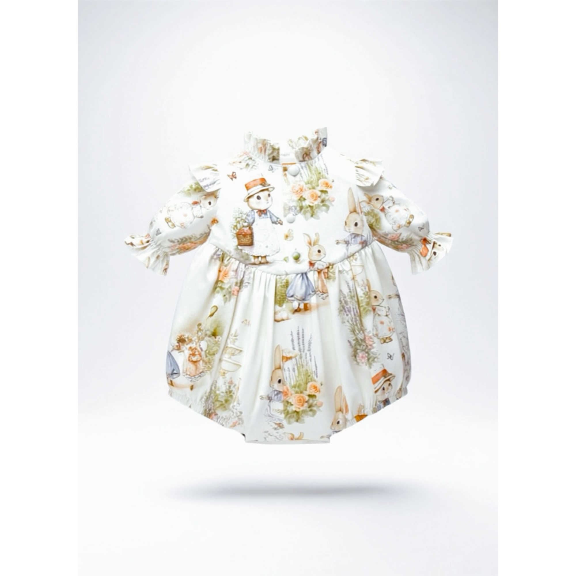 Children's three-quarter sleeve ruffle stand collar bubble with covered buttons at the back, floral and rabbit character print on a white background