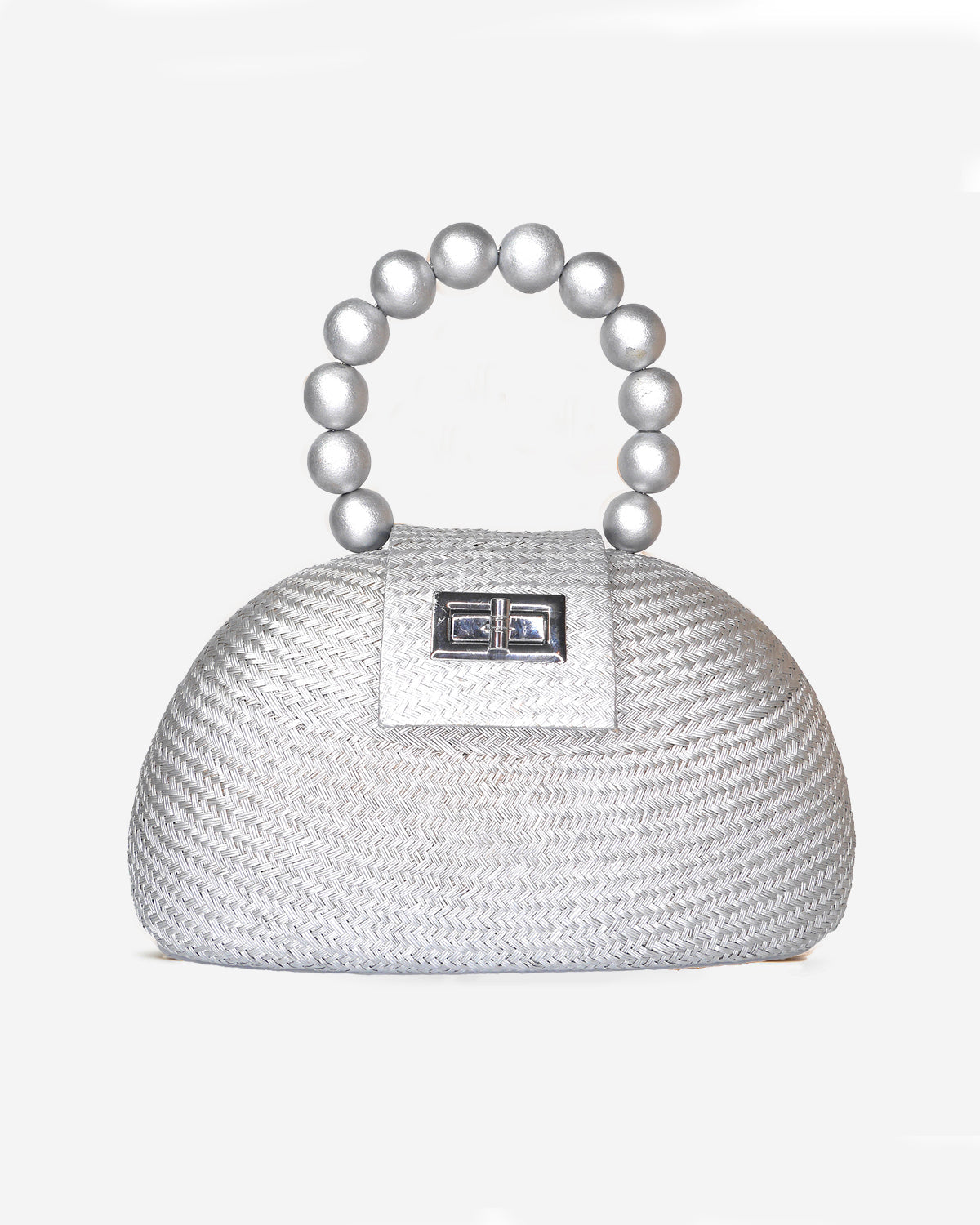 THE ORLA Silver Woven Straw & Wooden Bead Statement Clutch Bag