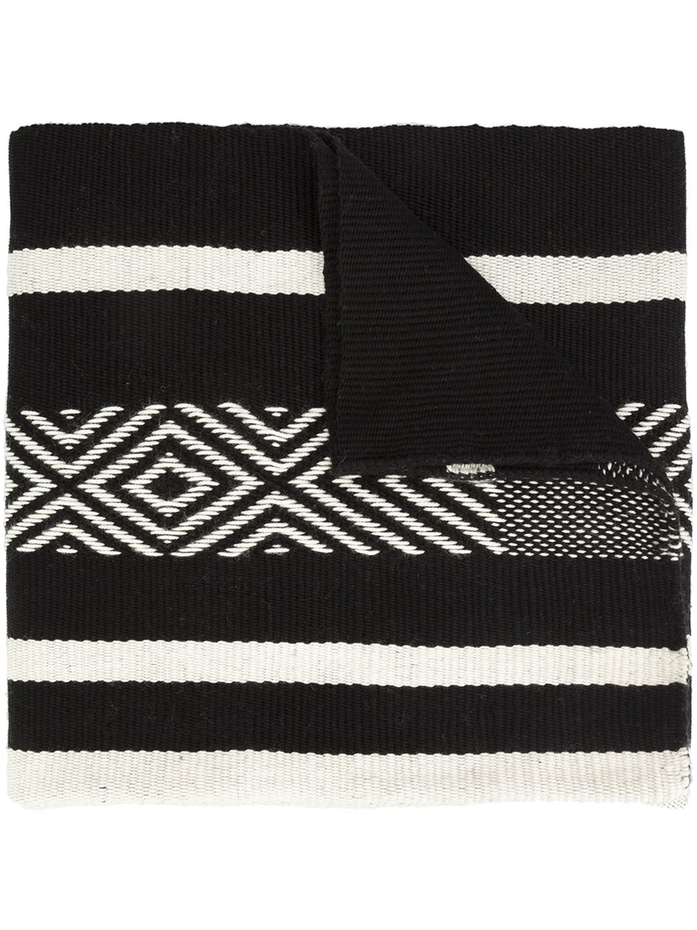Black and white oversized shawl with Comunidad symbol, hand-loomed in Chile