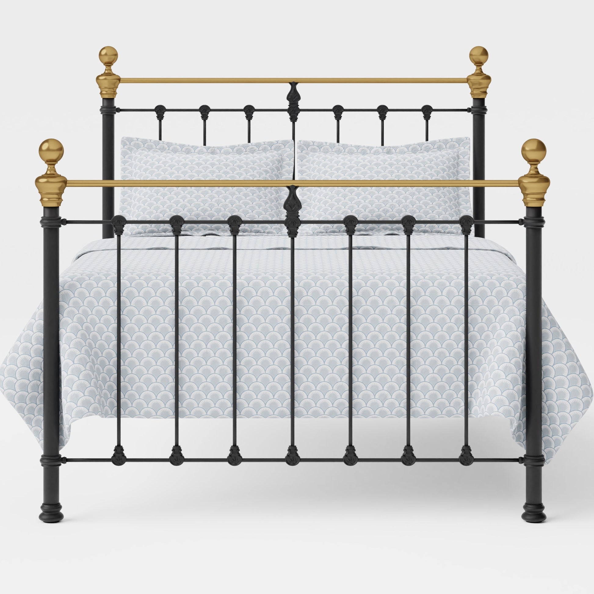 MB-205-6080_2|Ornate black metal bed frame adorned with gleaming brass finials, perfect for adding a touch of vintage charm to any room.