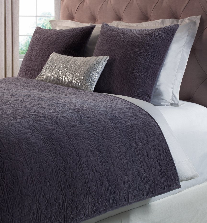 QT-305-9496_1|Plush dark charcoal grey velvet textured quilt, adding sophisticated depth and cozy comfort to a modern bedroom.