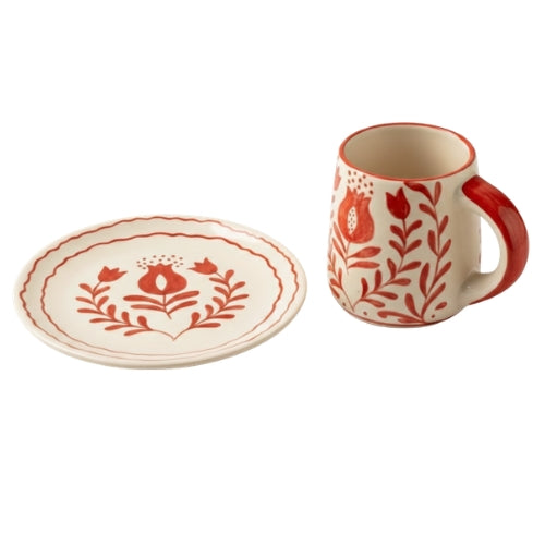 Red Anaar Ceramic Breakfast Set Bowl Mug Plate 3 Piece Handmade - Casa Amarosa