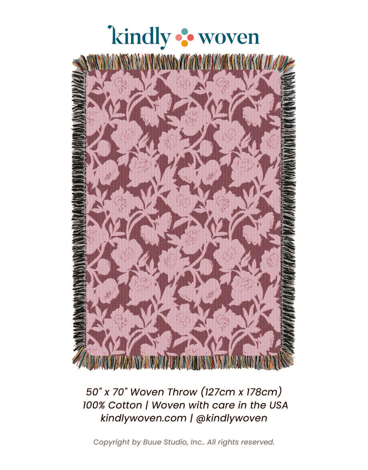 Full view of Addy Mulberry pink floral reversible woven throw blanket with fringe