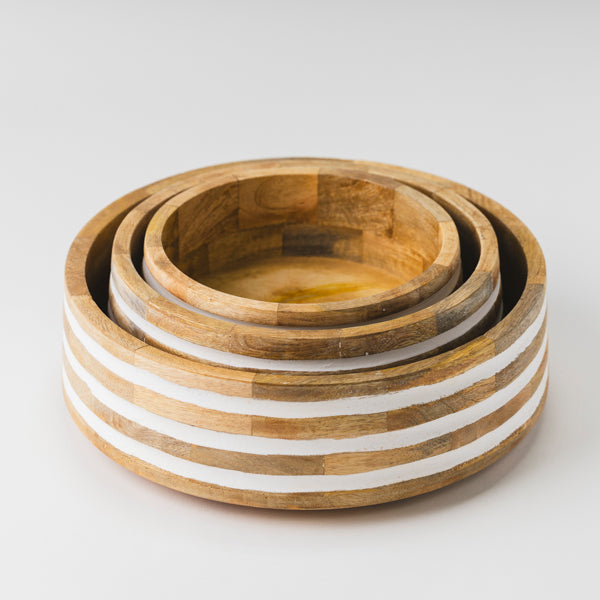 Small white-striped mango wood bowl filled with fresh strawberries and grapes for healthy snacking.