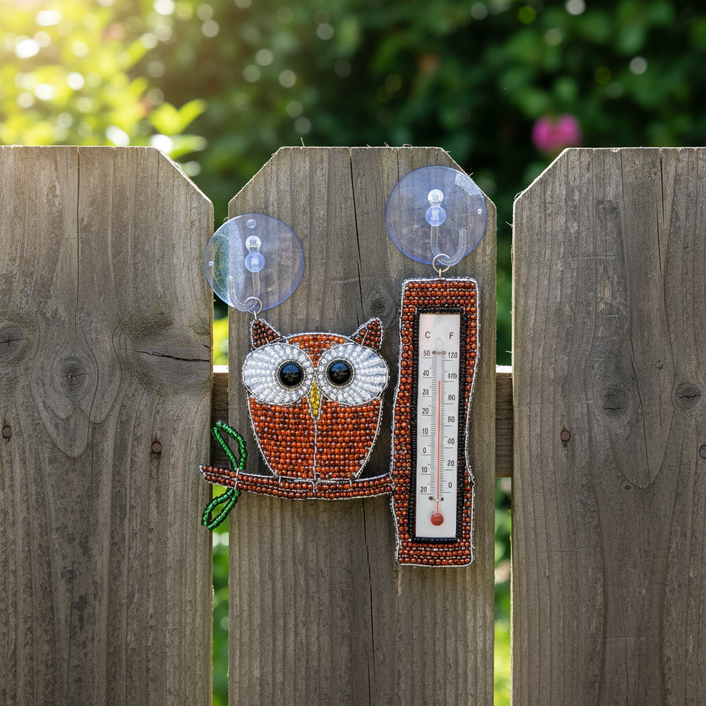 Thermometer Owl Set of 2 - displayed on garden fence outdoors