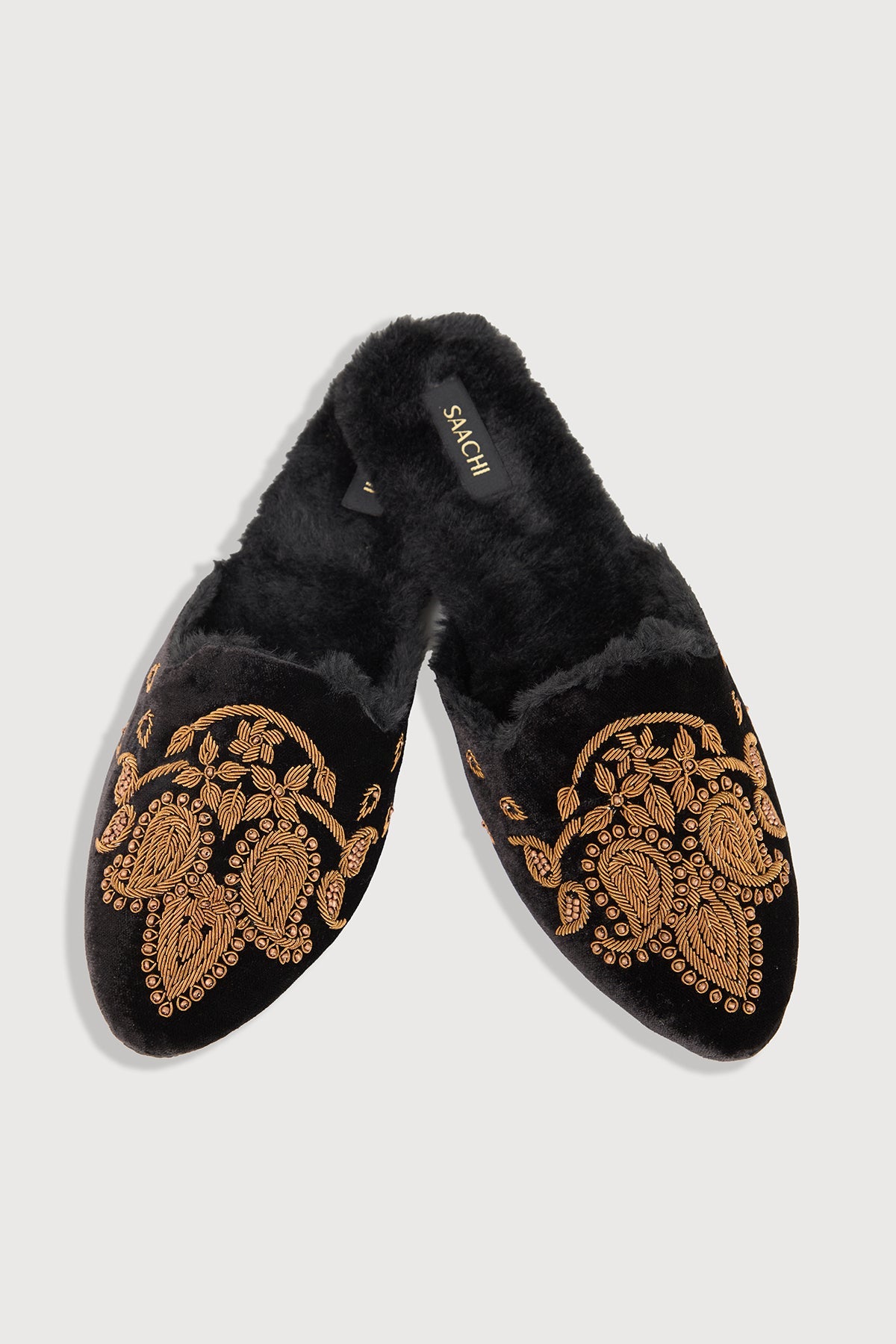 Golden Paisley Fur Mules - Black