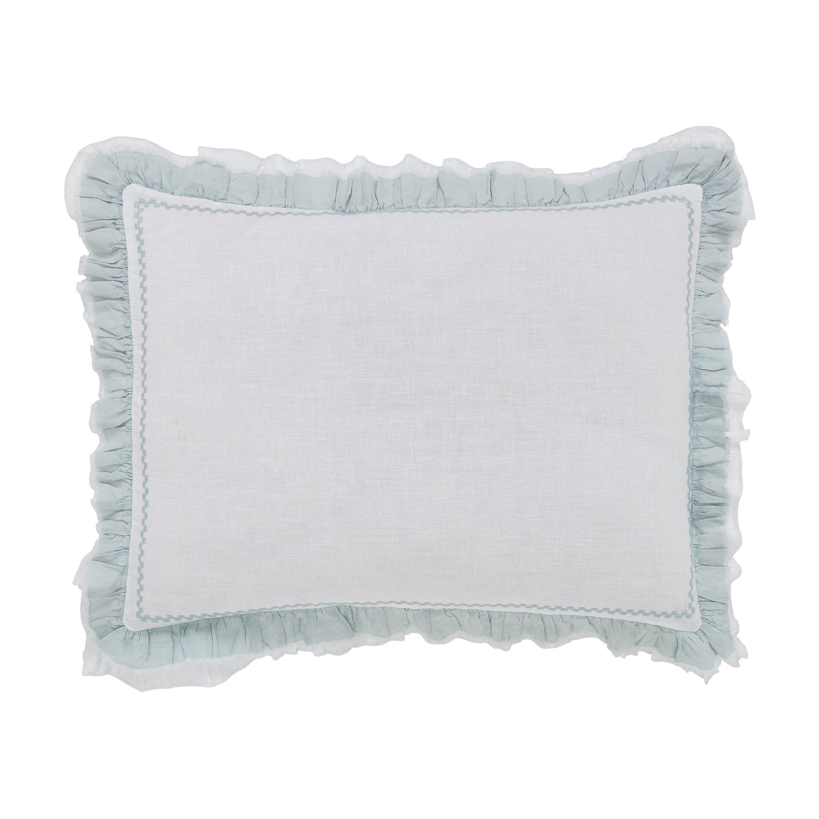 SS-029-2026_1|White duvet cover pillow sham featuring a charming light blue ruffled edge, bringing soft elegance to bedroom decor.