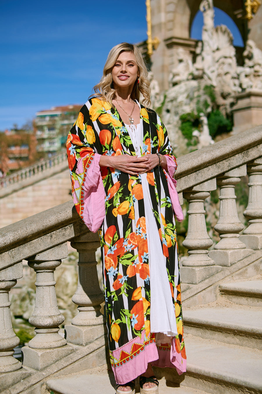 Citrus Print Kimono Long - Black