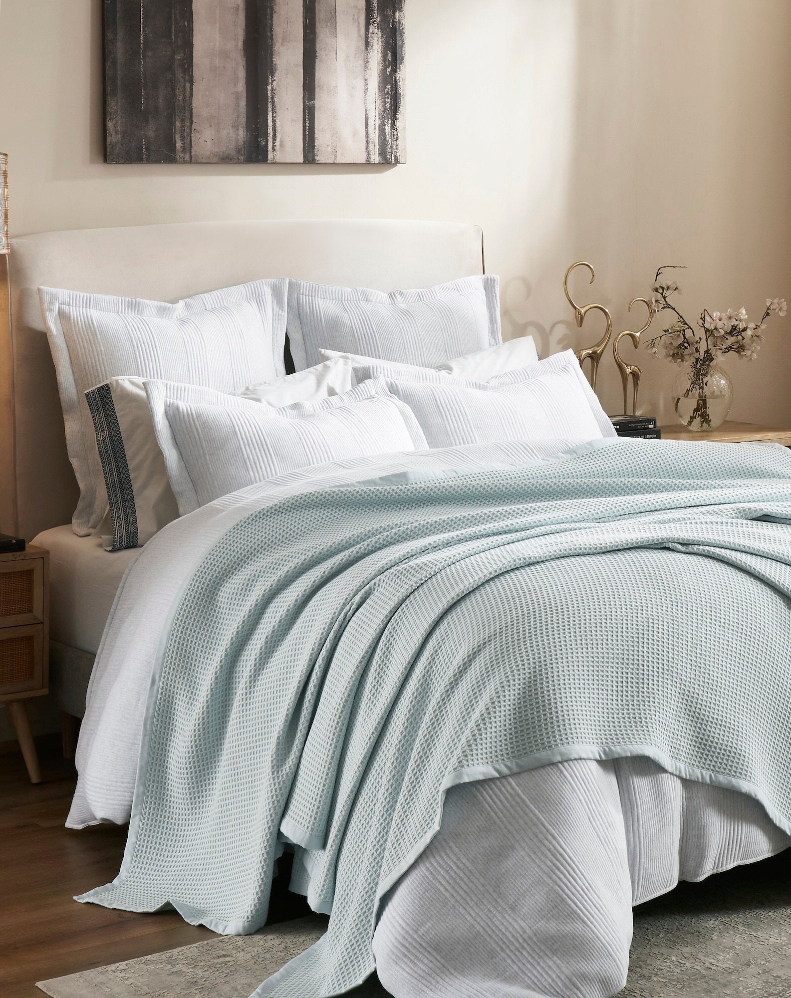 BL-857-11096_3|Light blue waffle knit blanket on a neatly made bed, providing cozy, elegant bedroom decor comfort. (112)