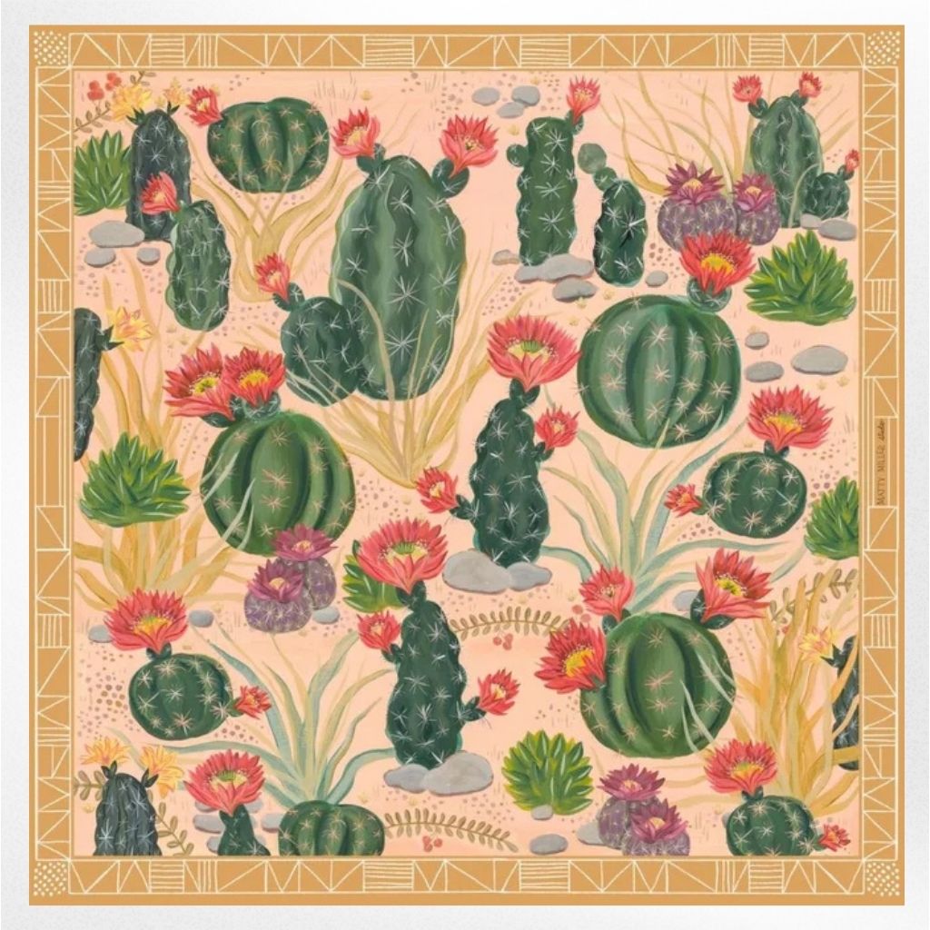 100% Silk Scarf: Cactus Garden - Desert Botanical Pattern