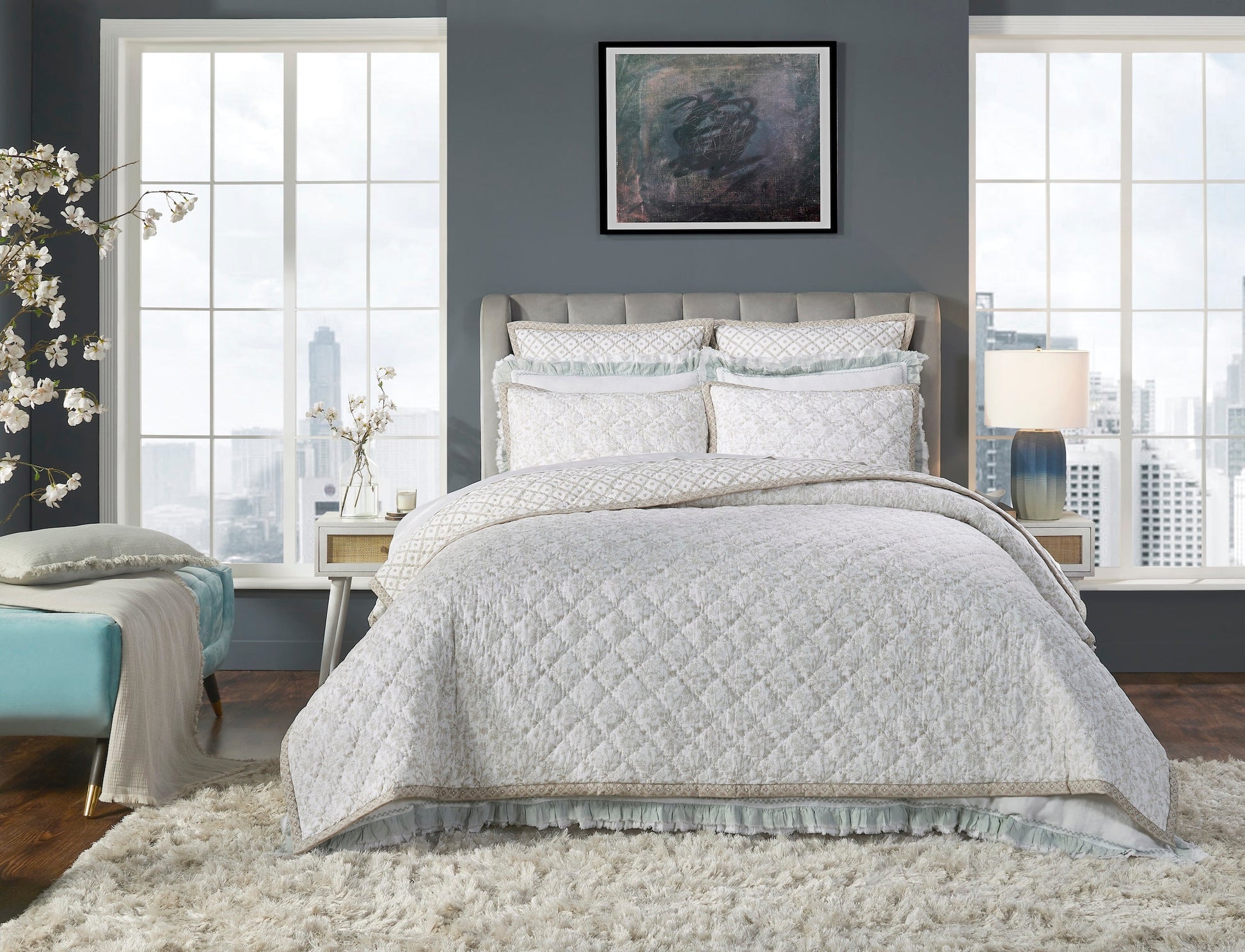 QT-346-11096_1|Full natural beige floral quilted bedding set on bed. Includes quilt, shams, and decorative pillows. Elegant bedroom.