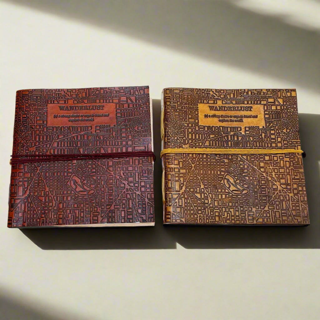  Leather journal with “Wanderlust” engraving – travel-inspired, handcrafted notebook for writing, sketching, and adventure journaling