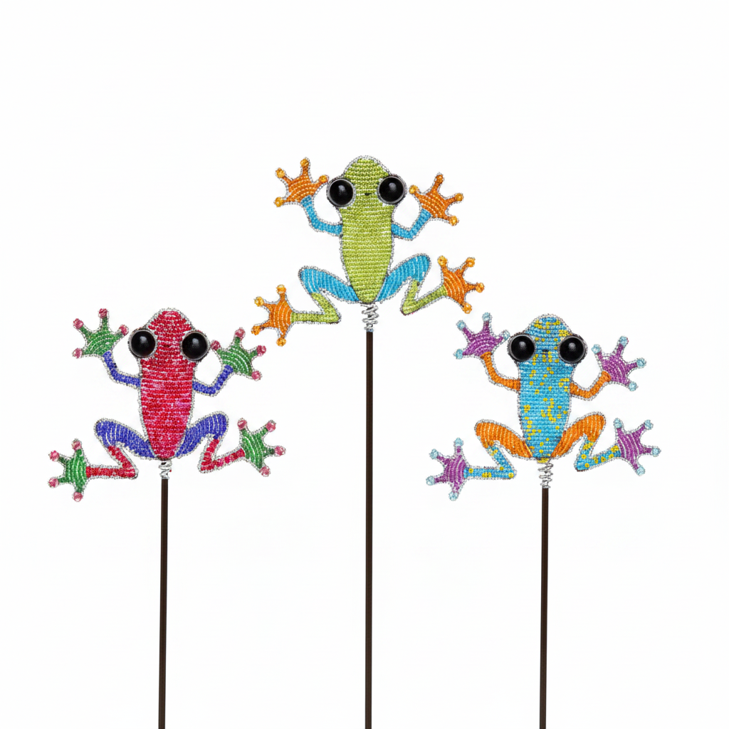 Handmade beaded frog garden stake set of 3 on white background – 12FRGST1