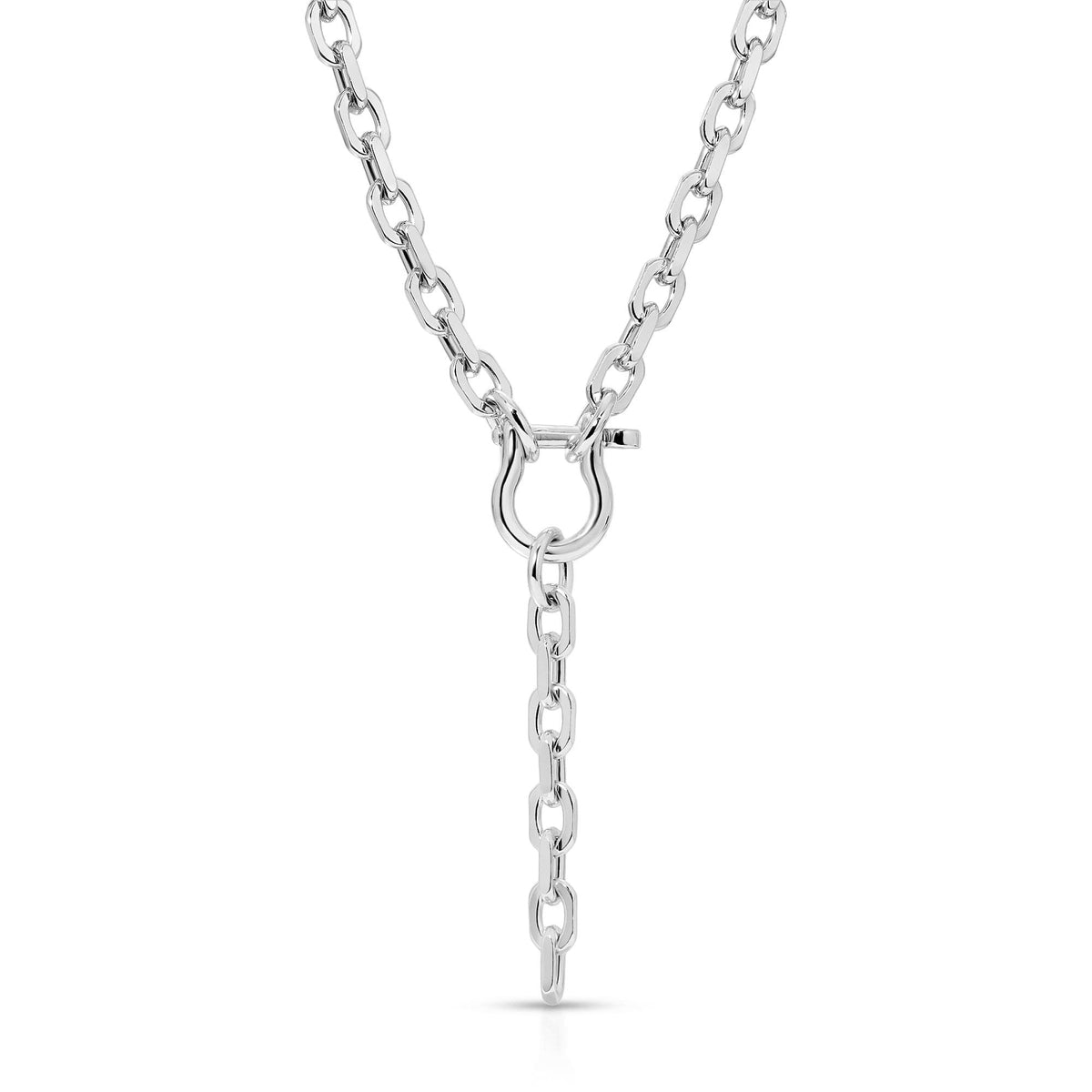 Livia Lariat Necklace featuring a silver chain with a horseshoe clasp for a stylish look