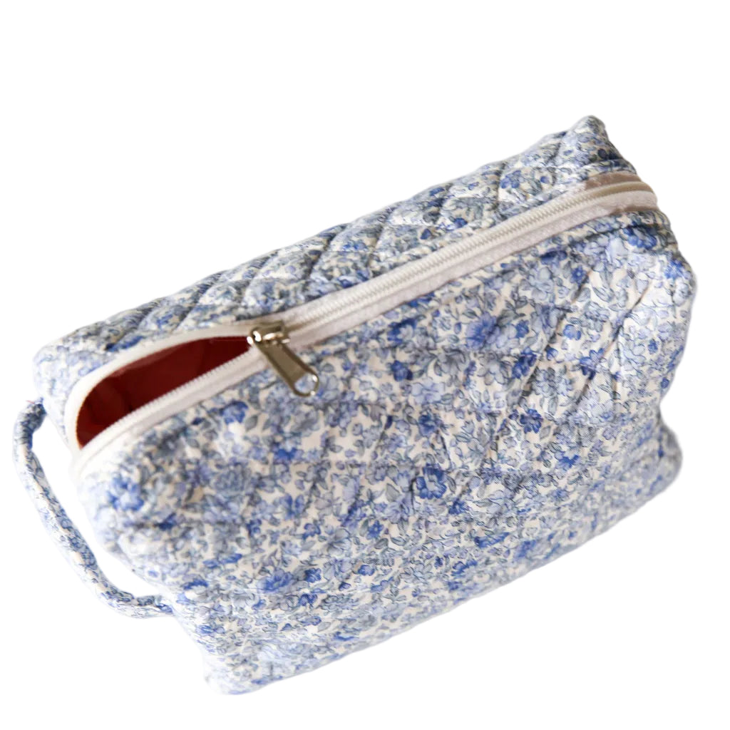 Blue Blossom Make-up Bag Large — blue floral quilted cotton travel pouch with zip and contrast lining