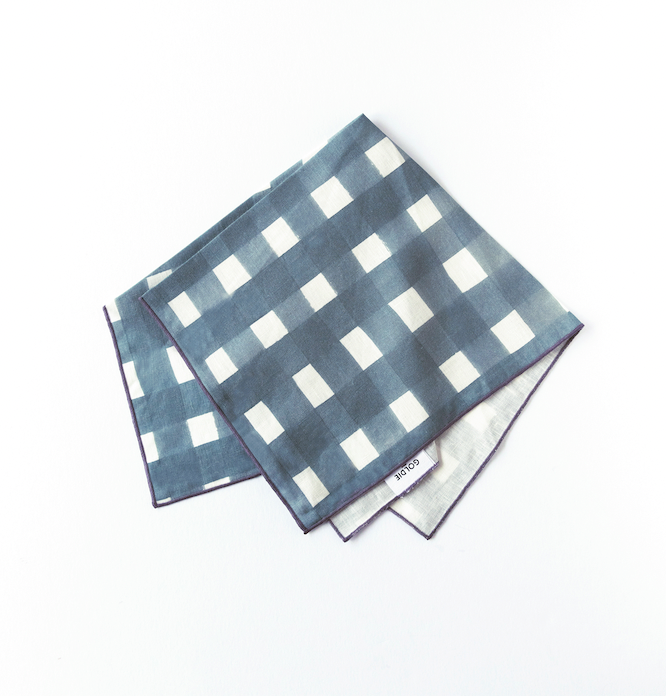 Blue Cross-Hatch linen dinner napkin flat lay close up of brushstroke texture - Goldie Home