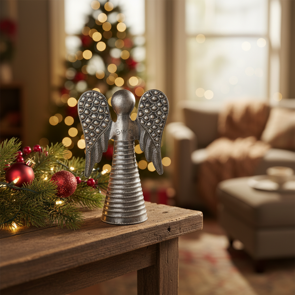 SM673 Angel Standing Small Haitian metal art figurine displayed on rustic wooden shelf in cozy living room