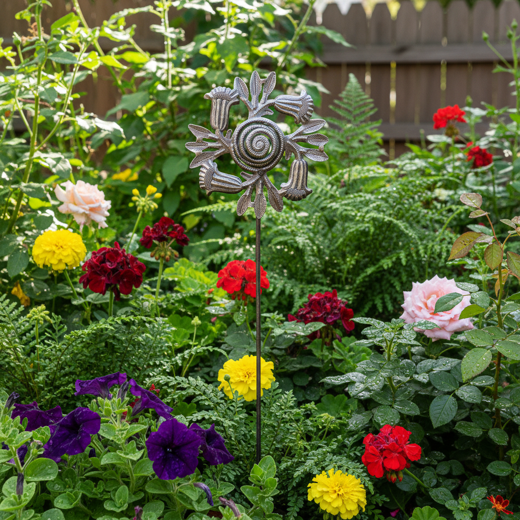 SM729 Metal Trumpet Flower Twirl Garden Stake displayed in a lush garden bed