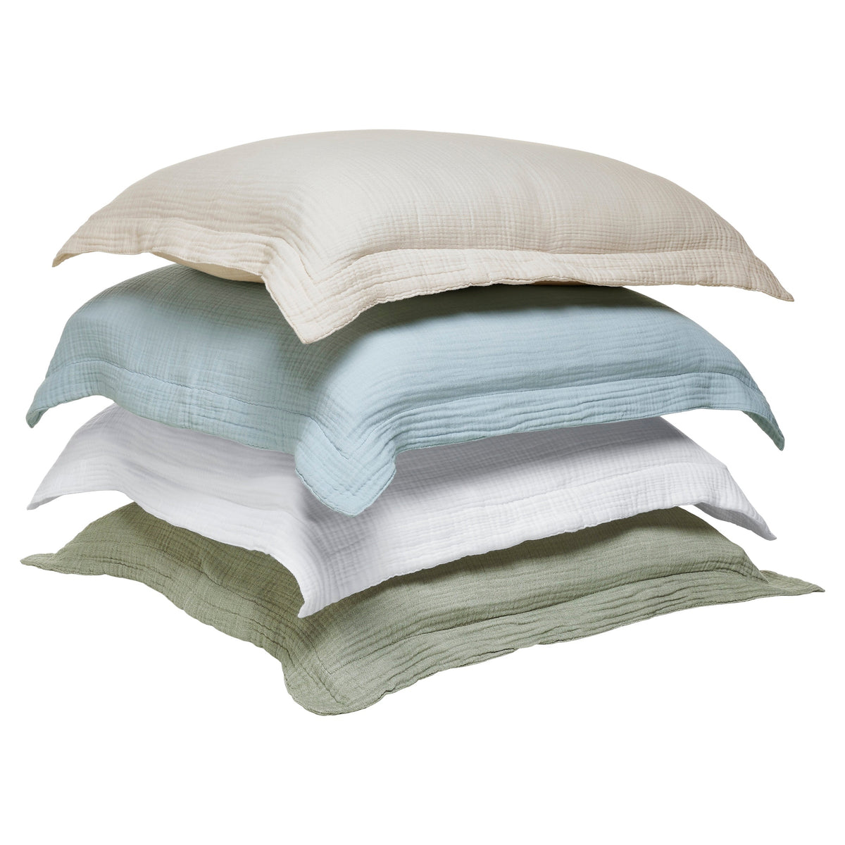 SS-048-X_1|Stack of four organic cotton duvet cover pillow shams in natural, light blue, white, and sage green colors.