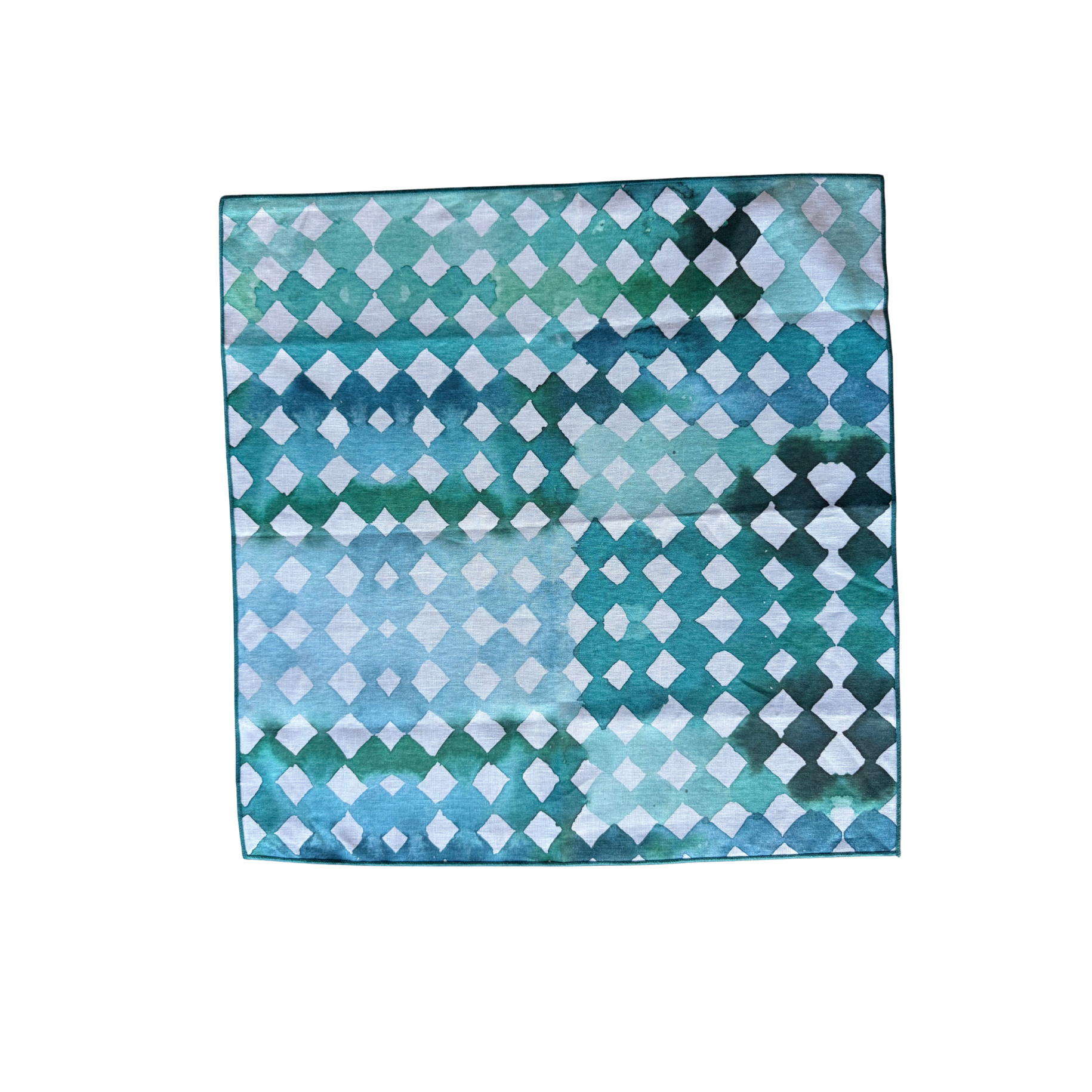 Blue Diamond linen dinner napkin flat lay close up of watercolor diamond pattern - Goldie Home